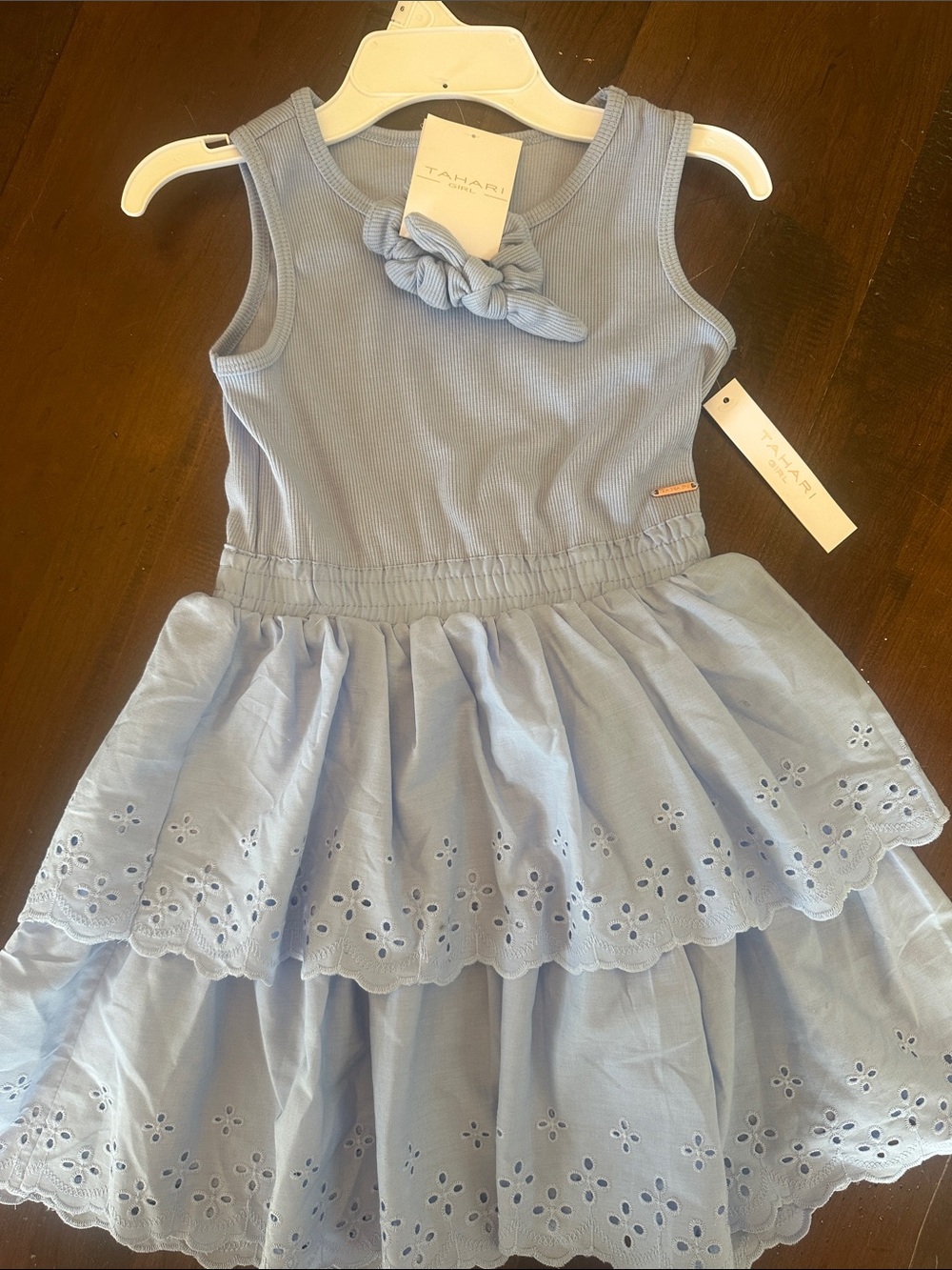 Tahari Kids Powder Blue Eyelet Tiered Dress with Bow